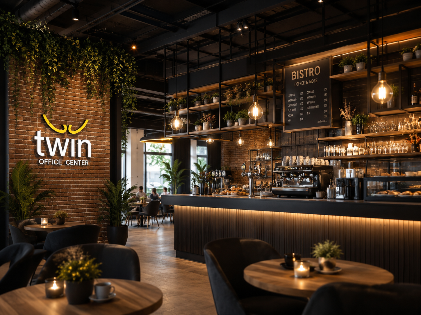 Modern&aacute; industri&aacute;lna kaviareň s tehlovou stenou a vintage osvetlen&iacute;m
